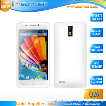 Cheapest 3G 4.5inch Mobile Mtk6572 Dual Core 854X480 512MB+4G Android Smart Phone (Q26)